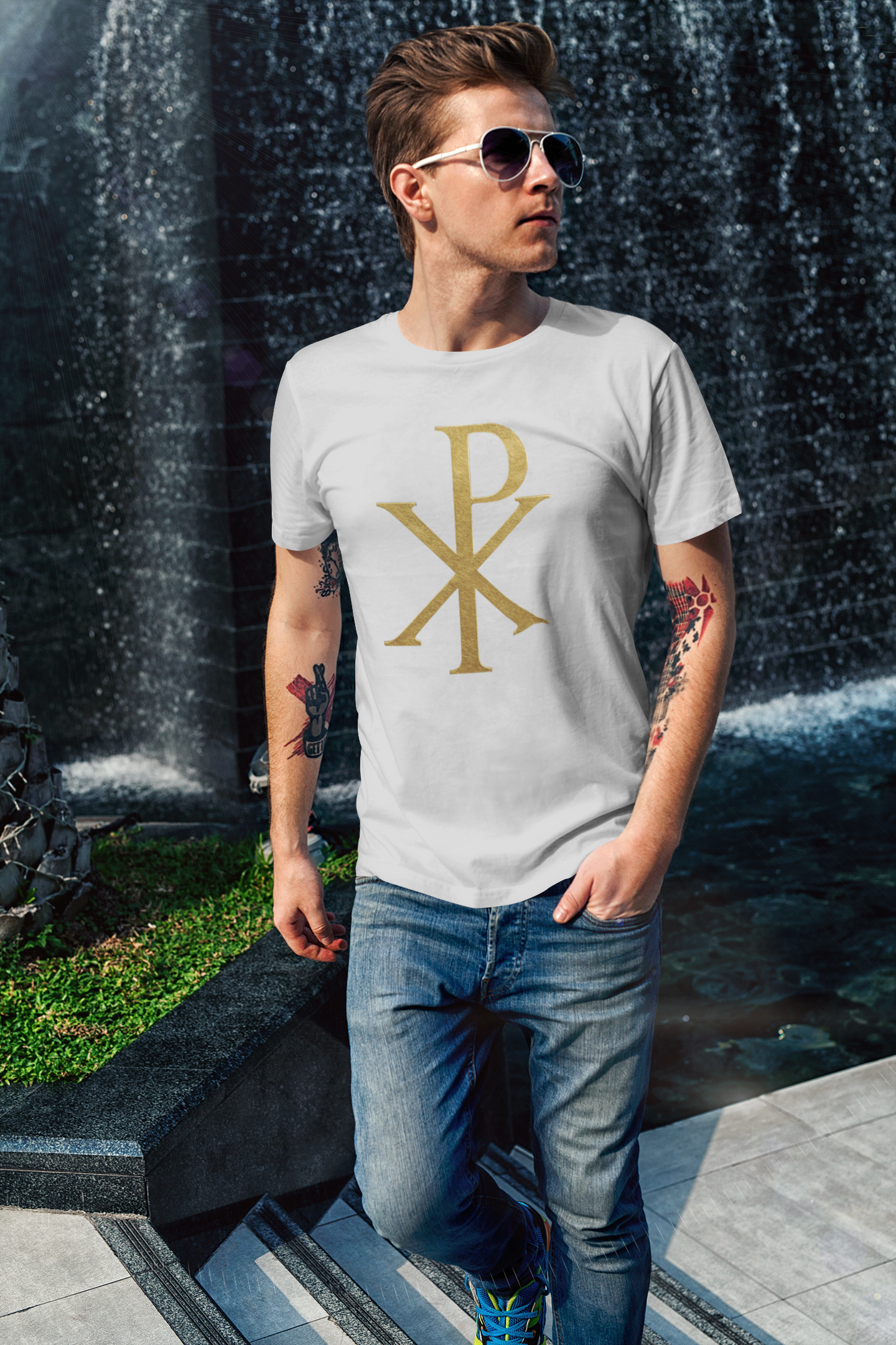 Men’s Christian T-Shirt with Gold Chi Rho – Elegant Faith Symbol Tee
