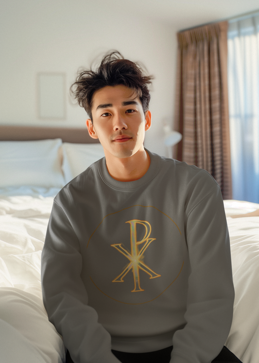 Men’s “Christ Victorious” Sweatshirt – Gold Chi Rho Emblem of Eternal Triumph
