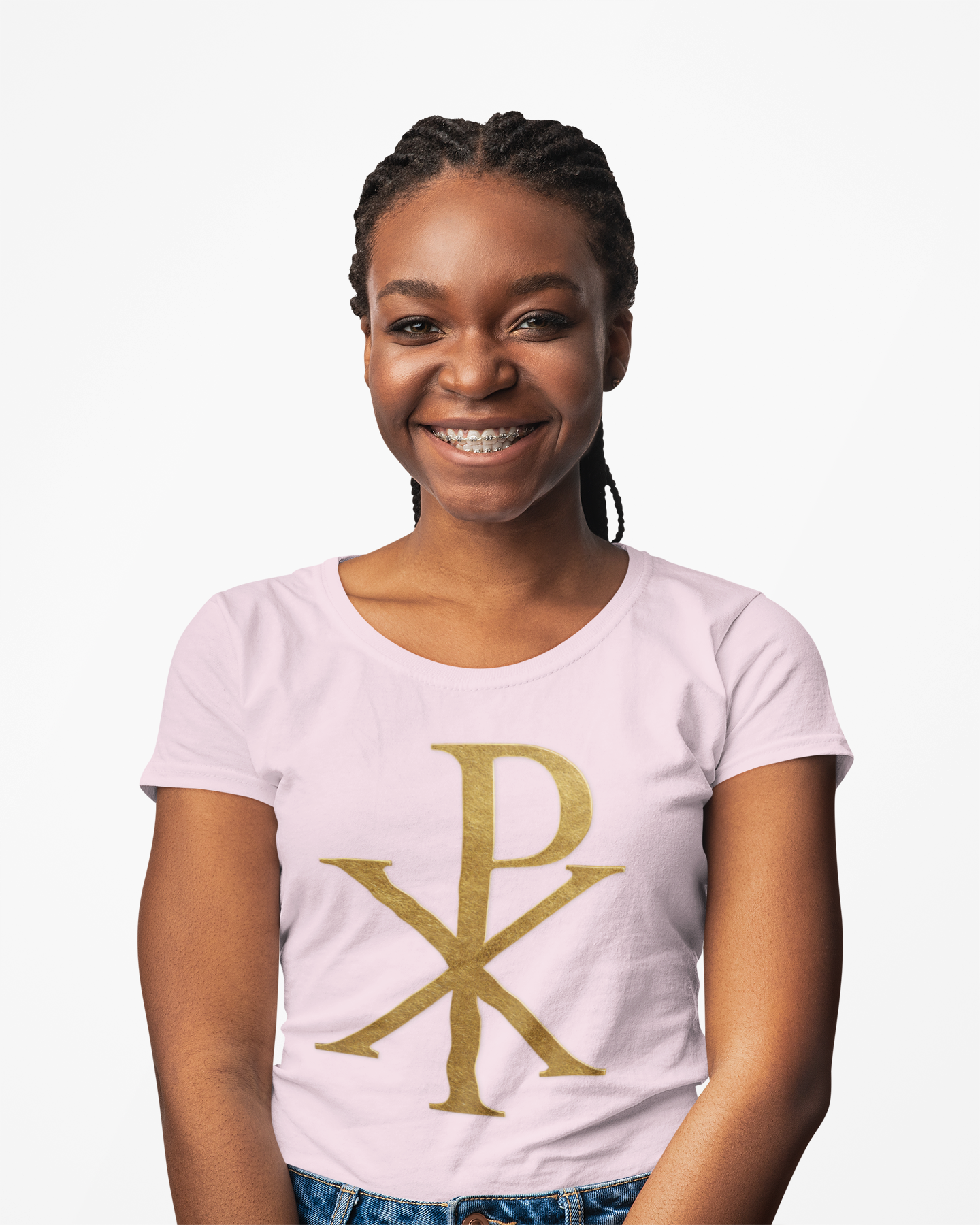 Radiant Redeemer – Women’s Gold Chi Rho Christian Tee
