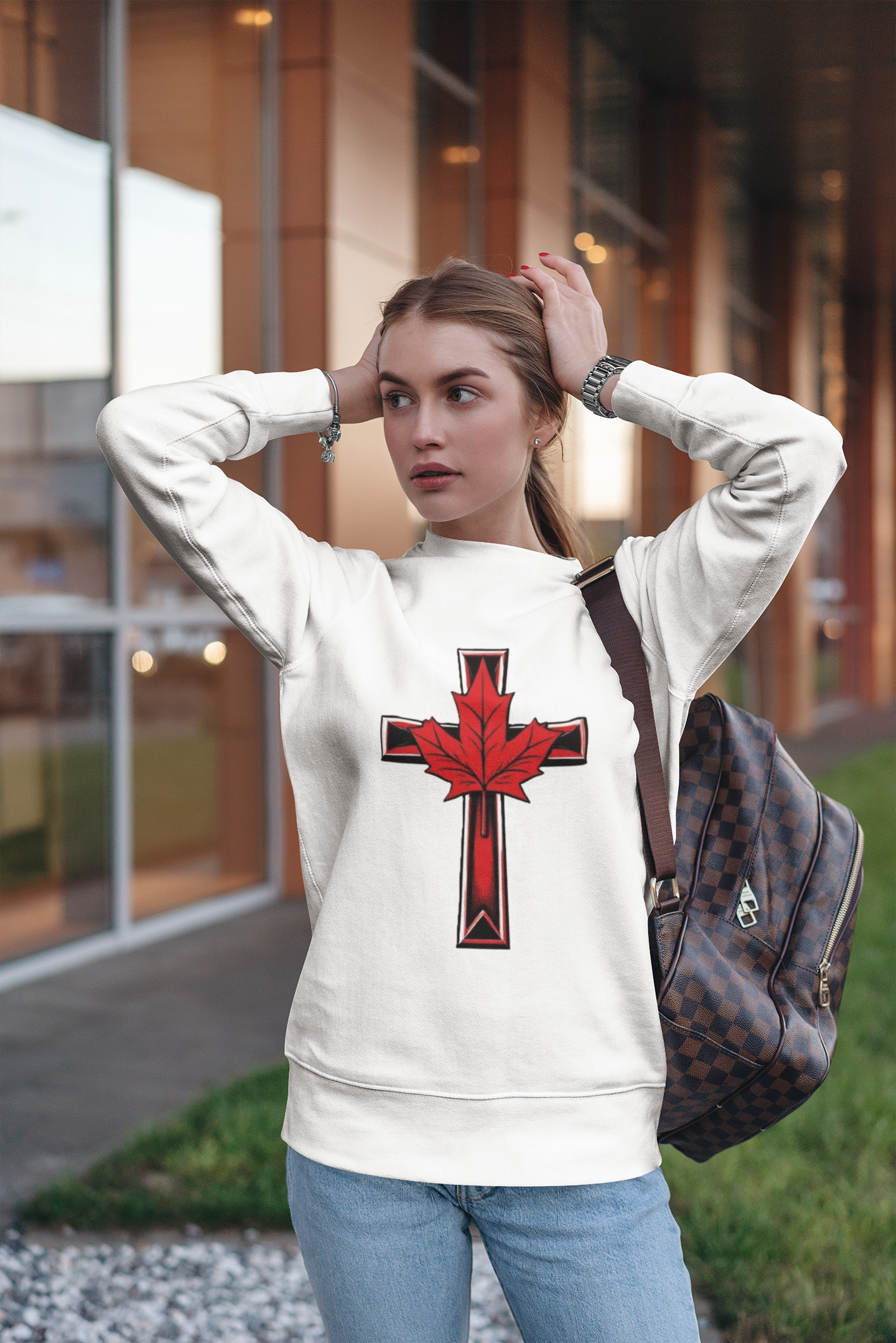 Faith & Flag – Women’s Patriotic Sweatshirt with Cross and Maple Leaf