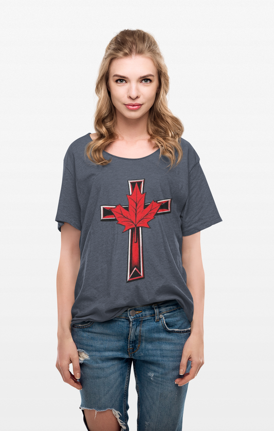 Faith and Freedom – Women’s Christian T-Shirt with Maple Leaf Cross