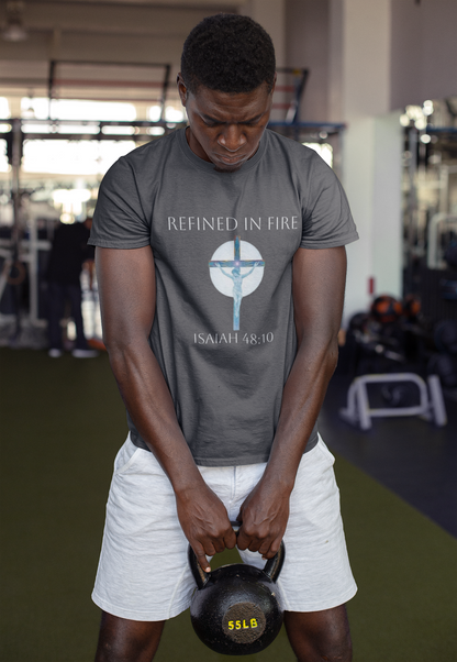 Men's Refined in Fire Christian T-Shirt – Modern Cross Design (White Lettering)