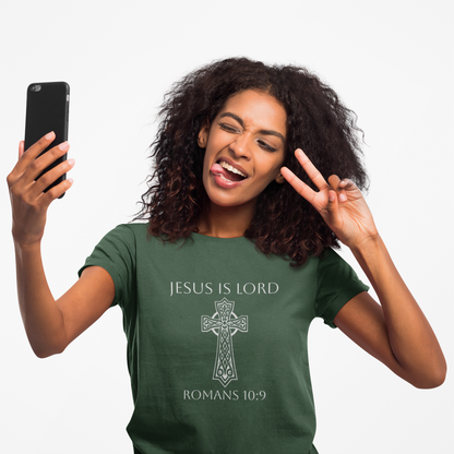 Women's Jesus is Lord Christian T-Shirt – Modern Cross Design (White Lettering)