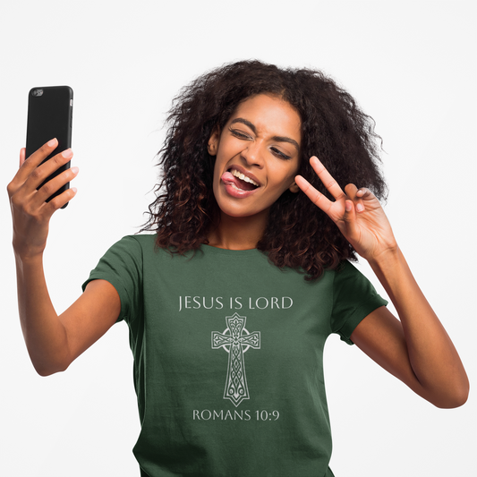Women's Jesus is Lord Christian T-Shirt – Modern Cross Design (White Lettering)