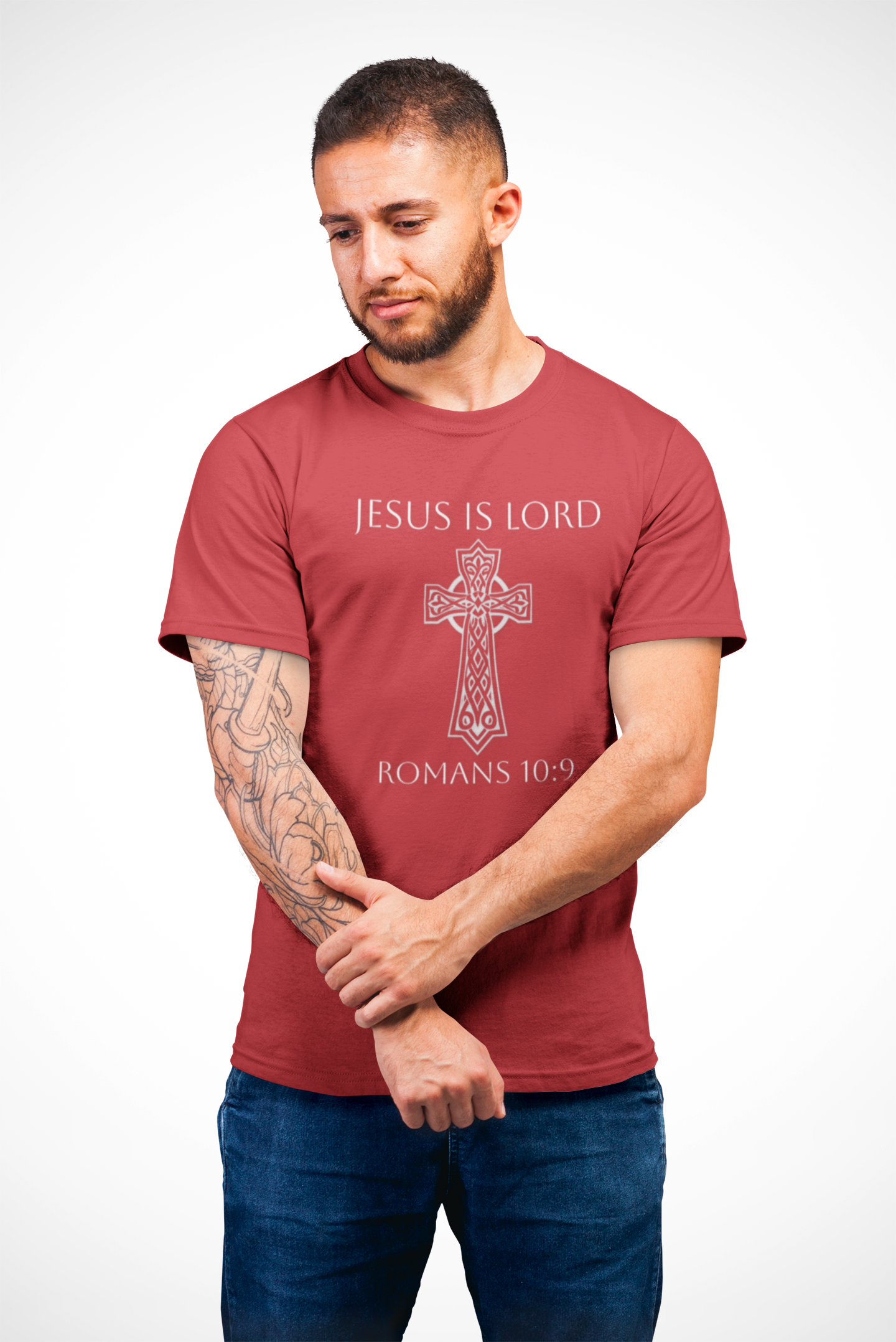 Jesus Is Lord – Romans 10:9 Men’s Bold Faith Tee (White Lettering)