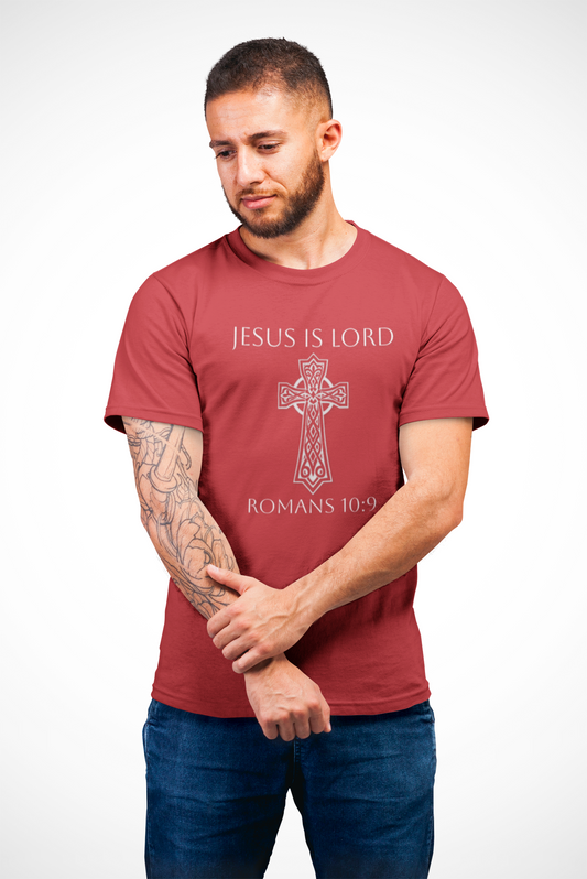Jesus Is Lord – Romans 10:9 Men’s Bold Faith Tee (White Lettering)