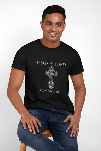 Jesus Is Lord – Romans 10:9 Men’s Bold Faith Tee (White Lettering)
