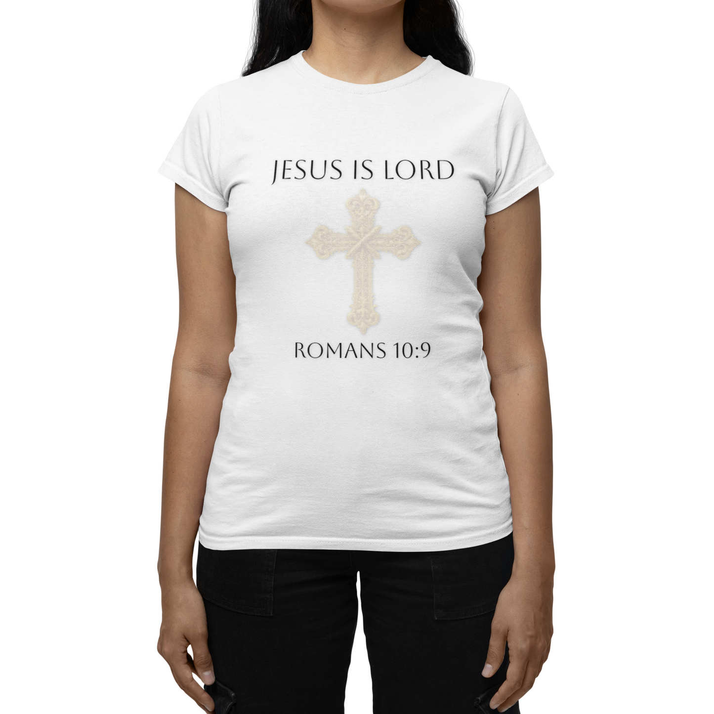 Speak It. Believe It. Saved. – Women’s Jesus Is Lord Tee (Romans 10:9) (White Lettering)
