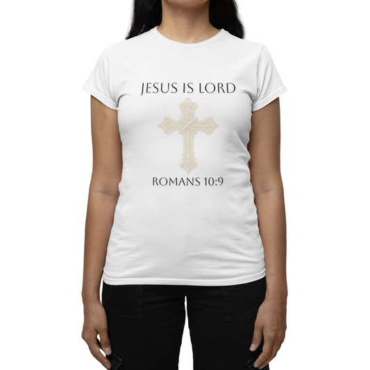 Speak It. Believe It. Saved. – Women’s Jesus Is Lord Tee (Romans 10:9) (White Lettering)