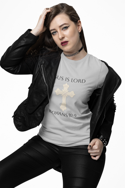 Speak It. Believe It. Saved. – Women’s Jesus Is Lord Tee (Romans 10:9) (White Lettering)
