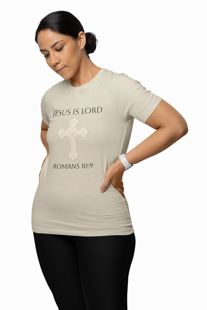 Speak It. Believe It. Saved. – Women’s Jesus Is Lord Tee (Romans 10:9) (White Lettering)