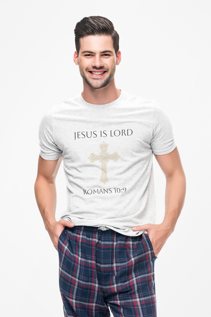 Confess. Believe. Be Saved. – Men’s Jesus Is Lord Tee (Romans 10:9) (White Lettering)