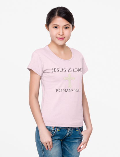 Saved & Sure – Women’s Softstyle Faith Tee (Romans 10:9) (Dark Lettering)