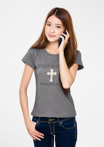 Saved & Sure – Women’s Softstyle Faith Tee (Romans 10:9) (Dark Lettering)