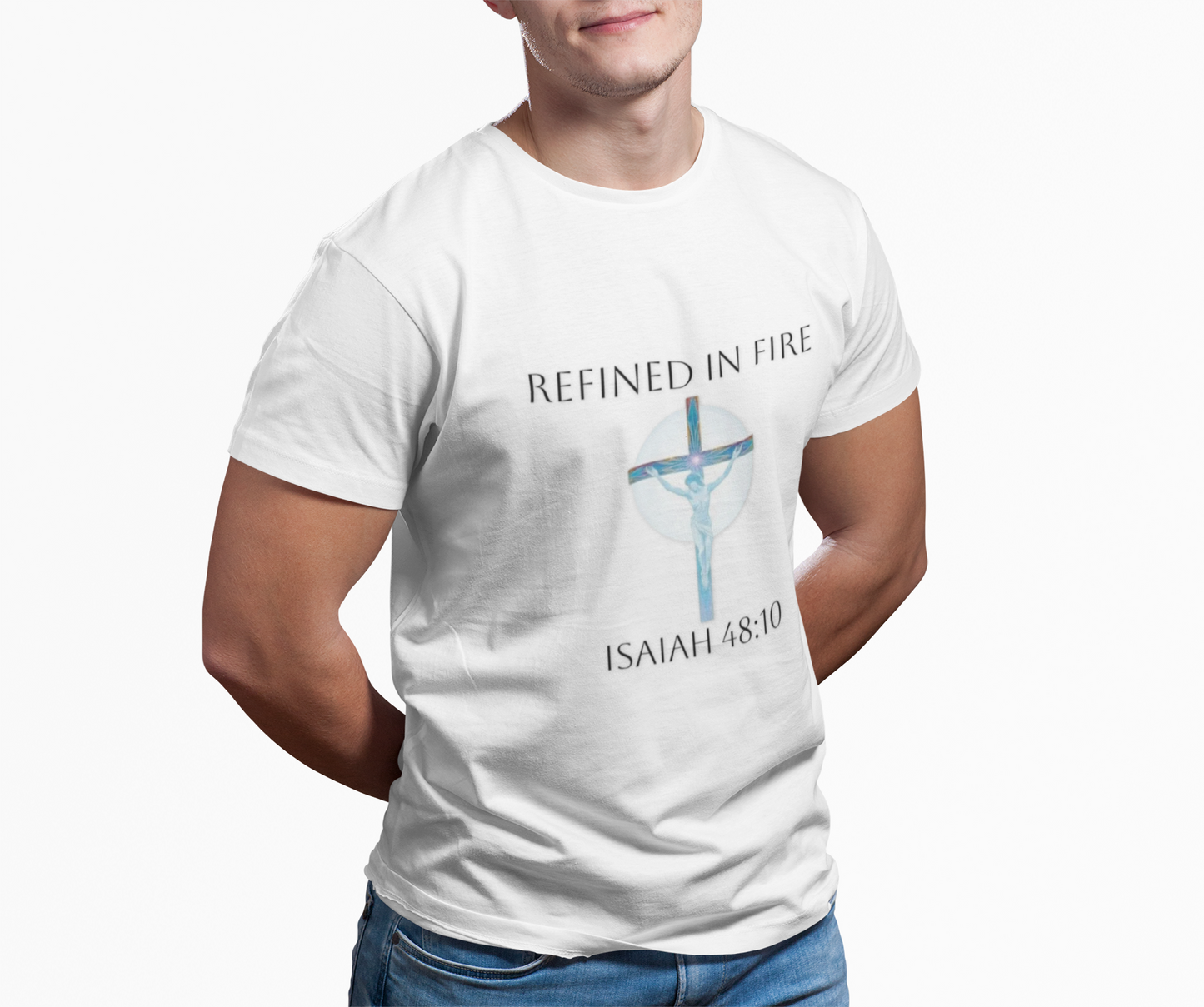 Refined in Fire Christian T-Shirt – Modern Cross Design (Dark Lettering)