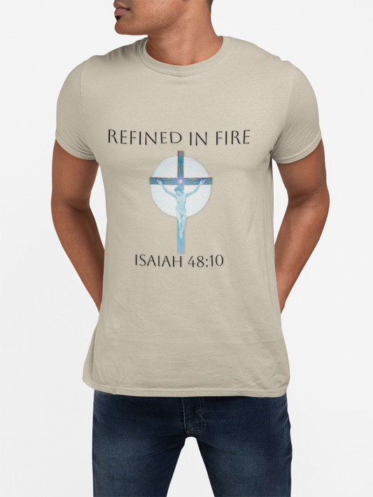 Refined in Fire Christian T-Shirt – Modern Cross Design (Dark Lettering)