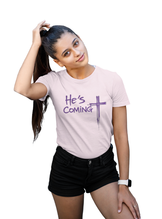 He's Coming Soon – Women’s Softstyle Christian Tee with Cross Design