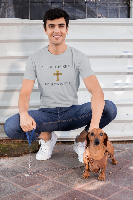 Victory of the Lamb Men’s Christian Tee – Christ is King (Revelation 17:14) (Dark Lettering)