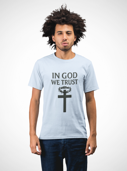 In God We Trust – Men’s Christian Tee with Cross & Crown of Thorns