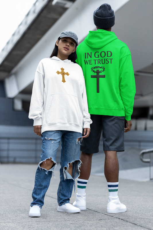 In God We Trust – Men’s Christian Hoodie with Cross & Crown of Thorns