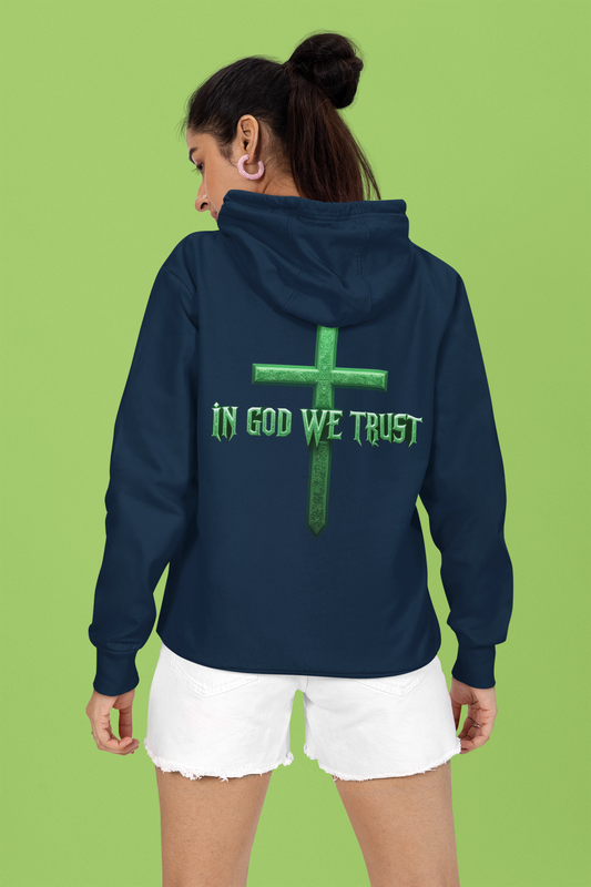 Sheltered in His Strength – Women’s “In God We Trust” Christian Hoodie with Cross
