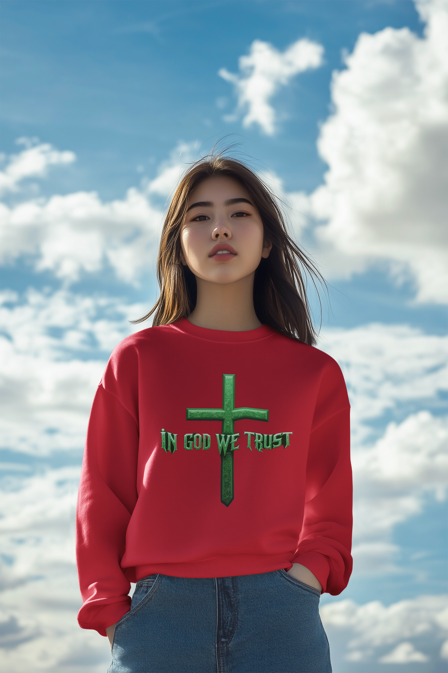 Rooted in Trust – Women’s “In God We Trust” Christian Sweatshirt with Cross