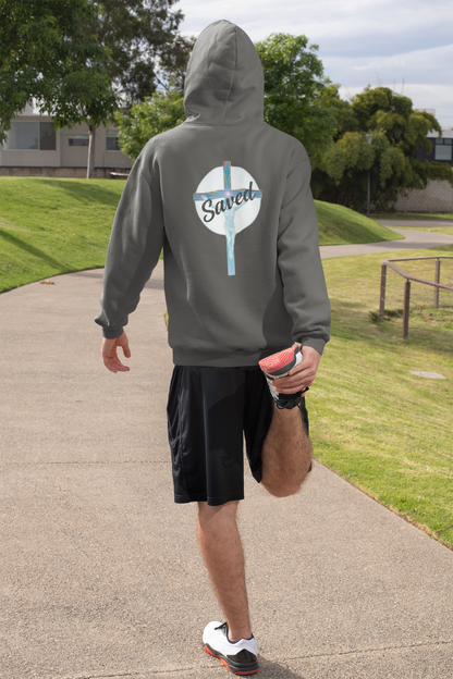 Saved in Christ – Men’s Faith Hoodie with Cross Design