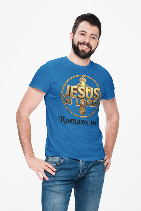 Men’s Romans 10:9 Christian T-Shirt – Jesus Is Lord & He Is Risen (Dark Lettering)