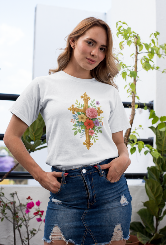 Radiant Floral Cross Women’s T-Shirt – Faith & Beauty in Bloom