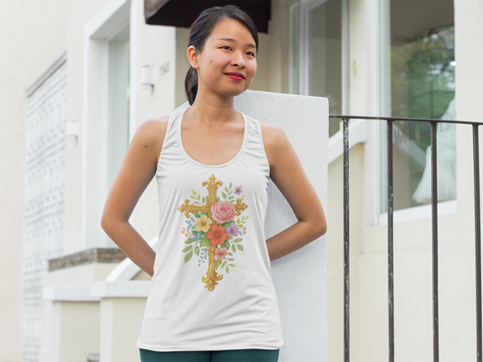 Floral Cross Women’s Racerback Tank – Strength in Grace