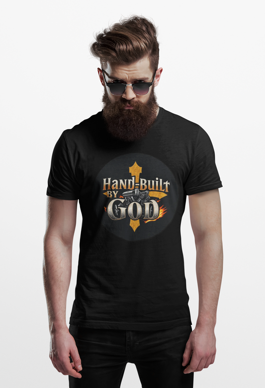 Hand Built by God Men’s Christian Tee – Cross & Engine Design