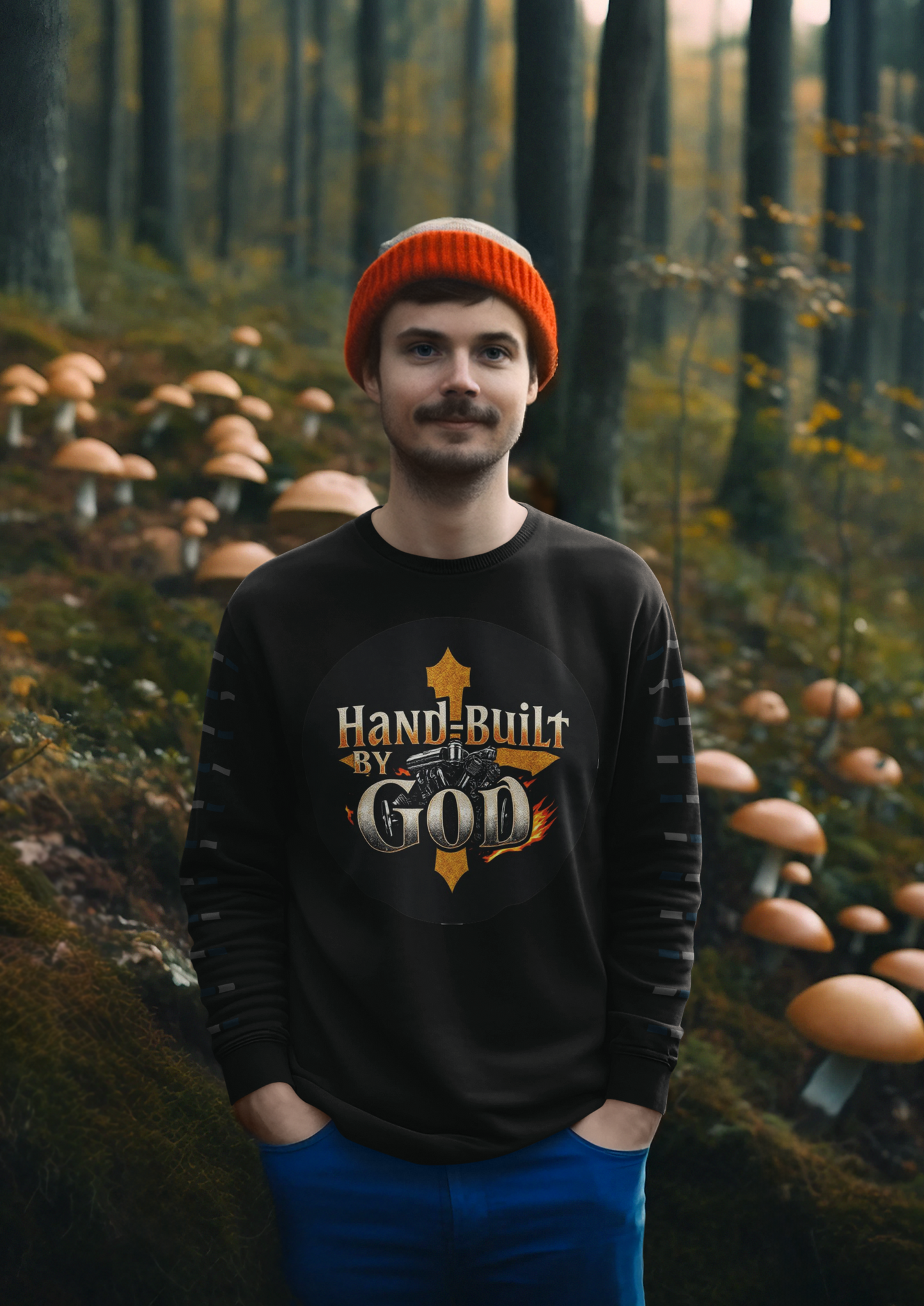 Hand Built by God Men’s Christian Sweatshirt – Cross & Engine Design