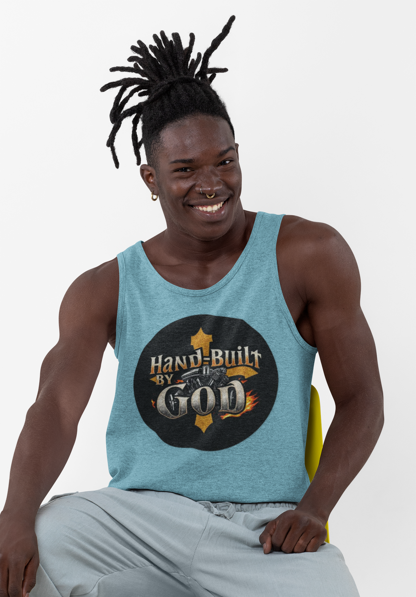 Hand Built by God Men’s Christian Tank Top – Cross & Engine Design