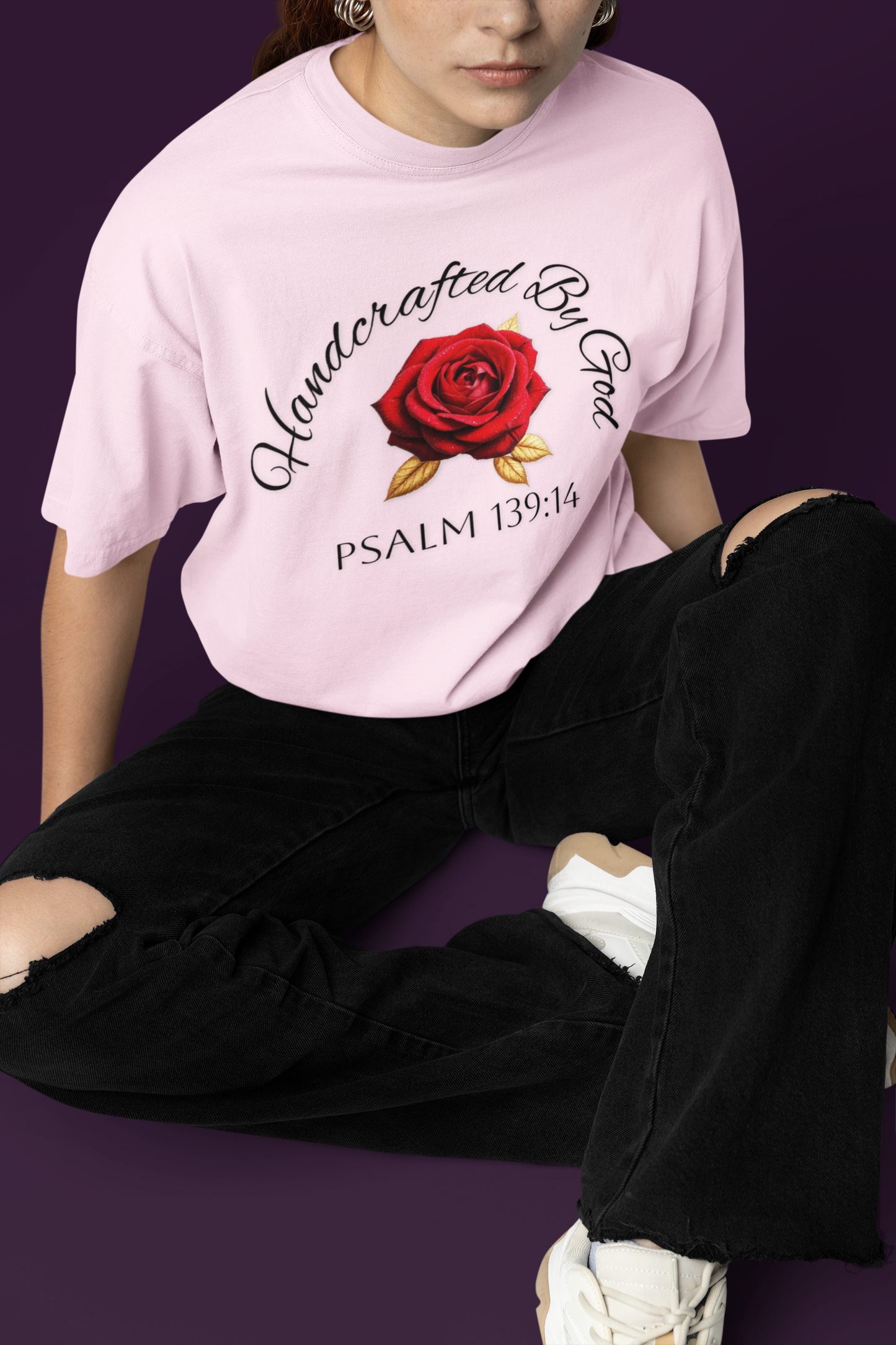 Handcrafted By God Women’s Christian Tee – Rose Design, Dark Lettering