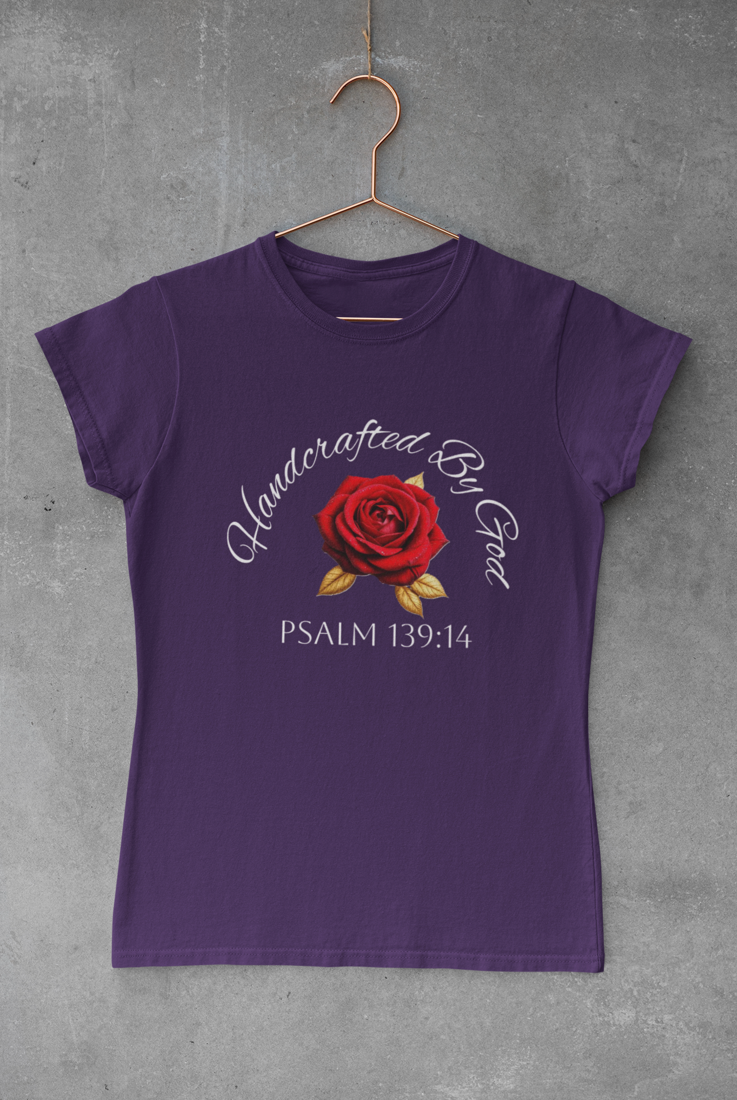Handcrafted By God Women’s Christian Tee – Rose Design, White Lettering