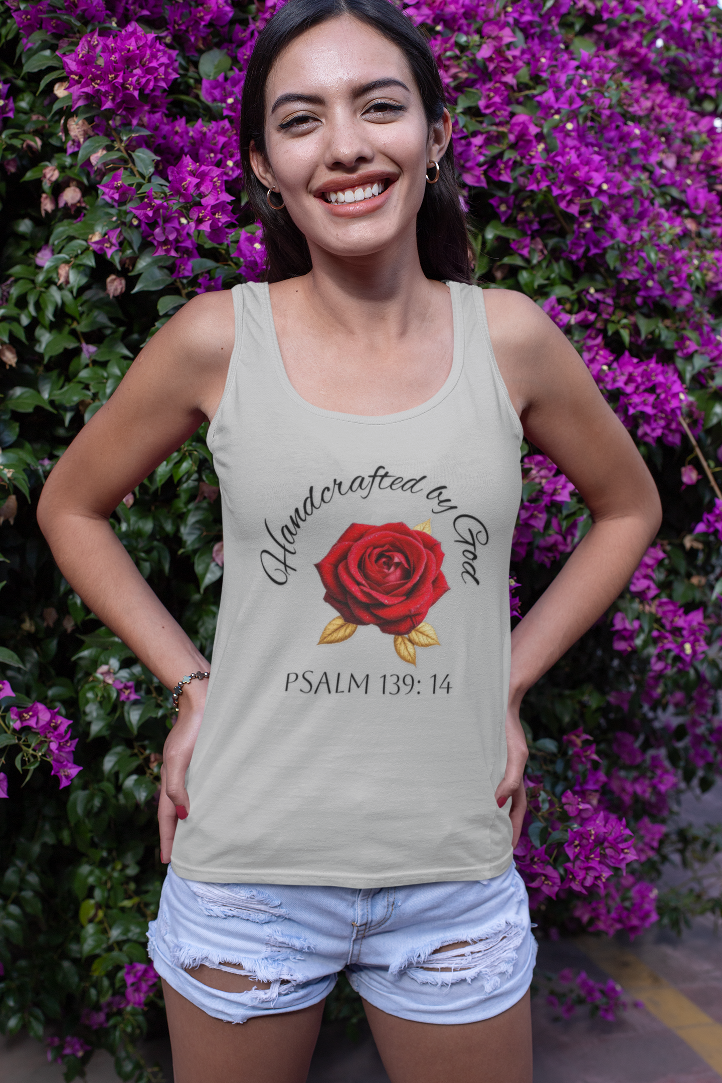 Handcrafted by God Rose Tank – Dark Lettering, Psalm 139:14