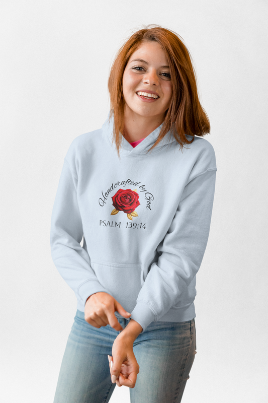 Handcrafted by God Rose Hoodie – Dark Lettering, Psalm 139:14