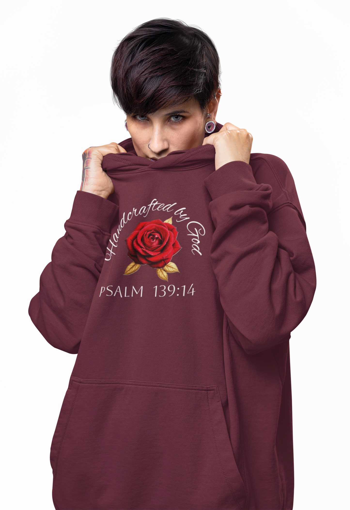 Handcrafted by God Rose Hoodie – White Lettering, Psalm 139:14