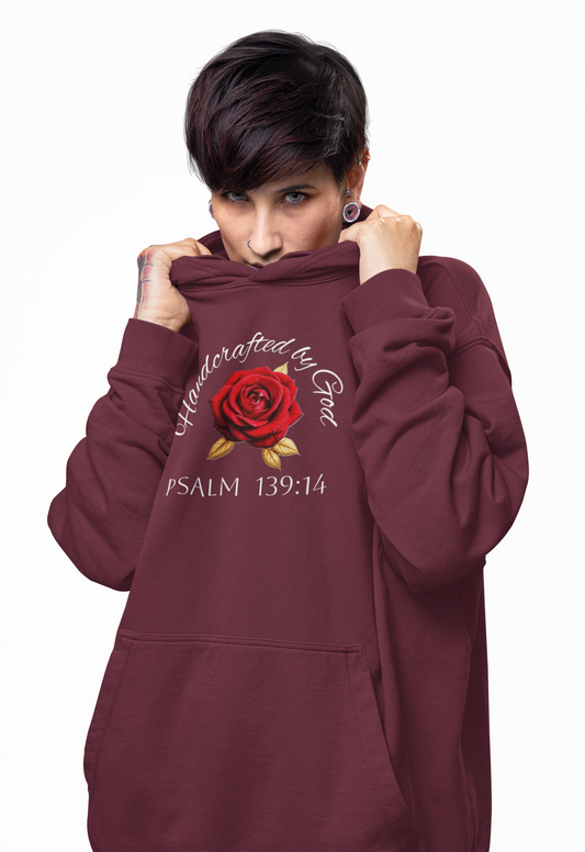 Handcrafted by God Rose Hoodie – White Lettering, Psalm 139:14