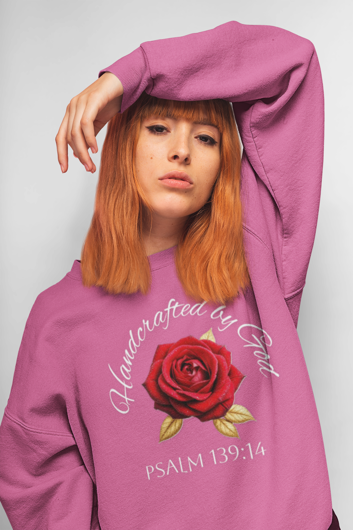 Handcrafted by God Rose Sweatshirt – White Lettering, Psalm 139:14