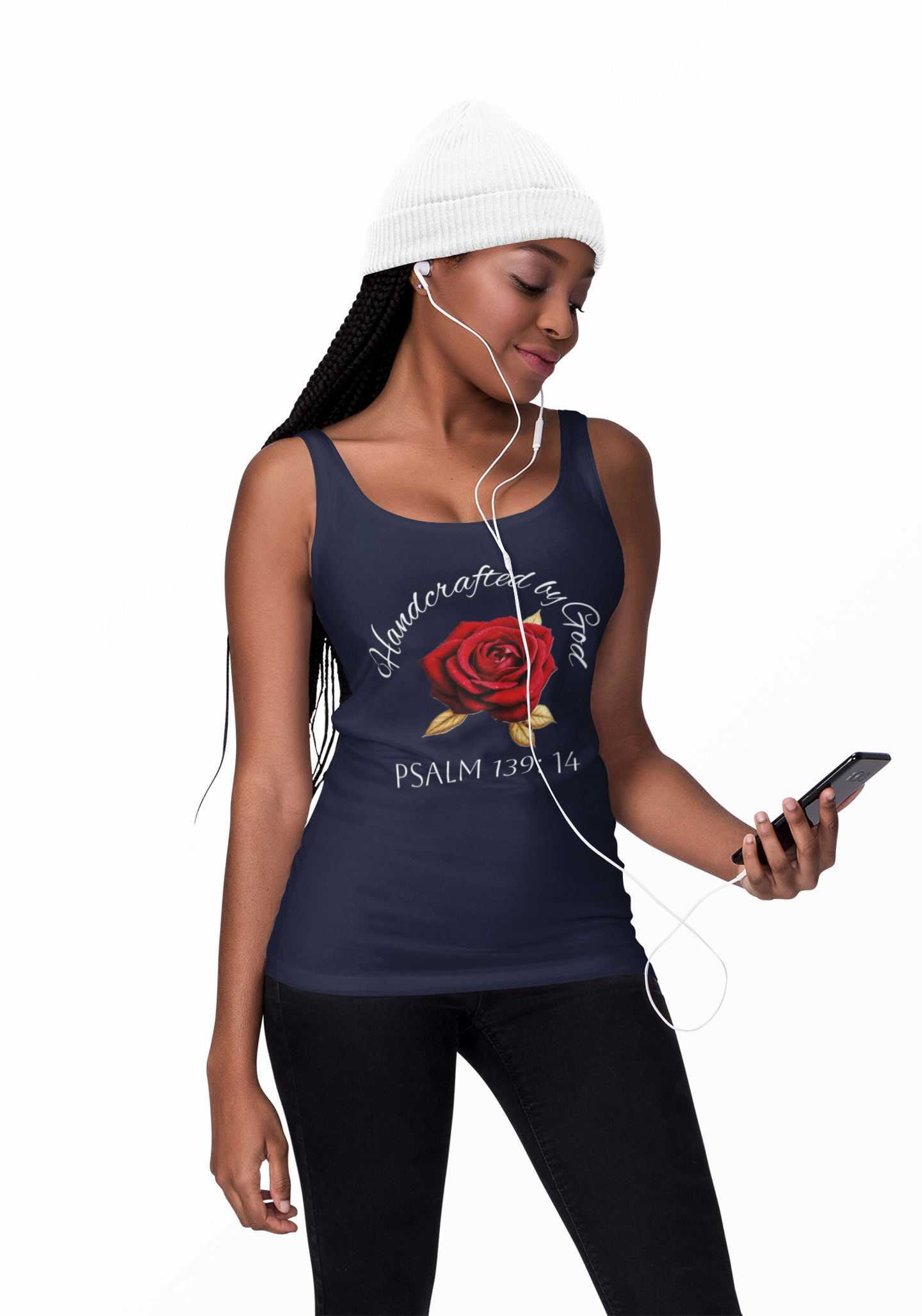 Handcrafted by God Rose Tank – White Lettering, Psalm 139:14