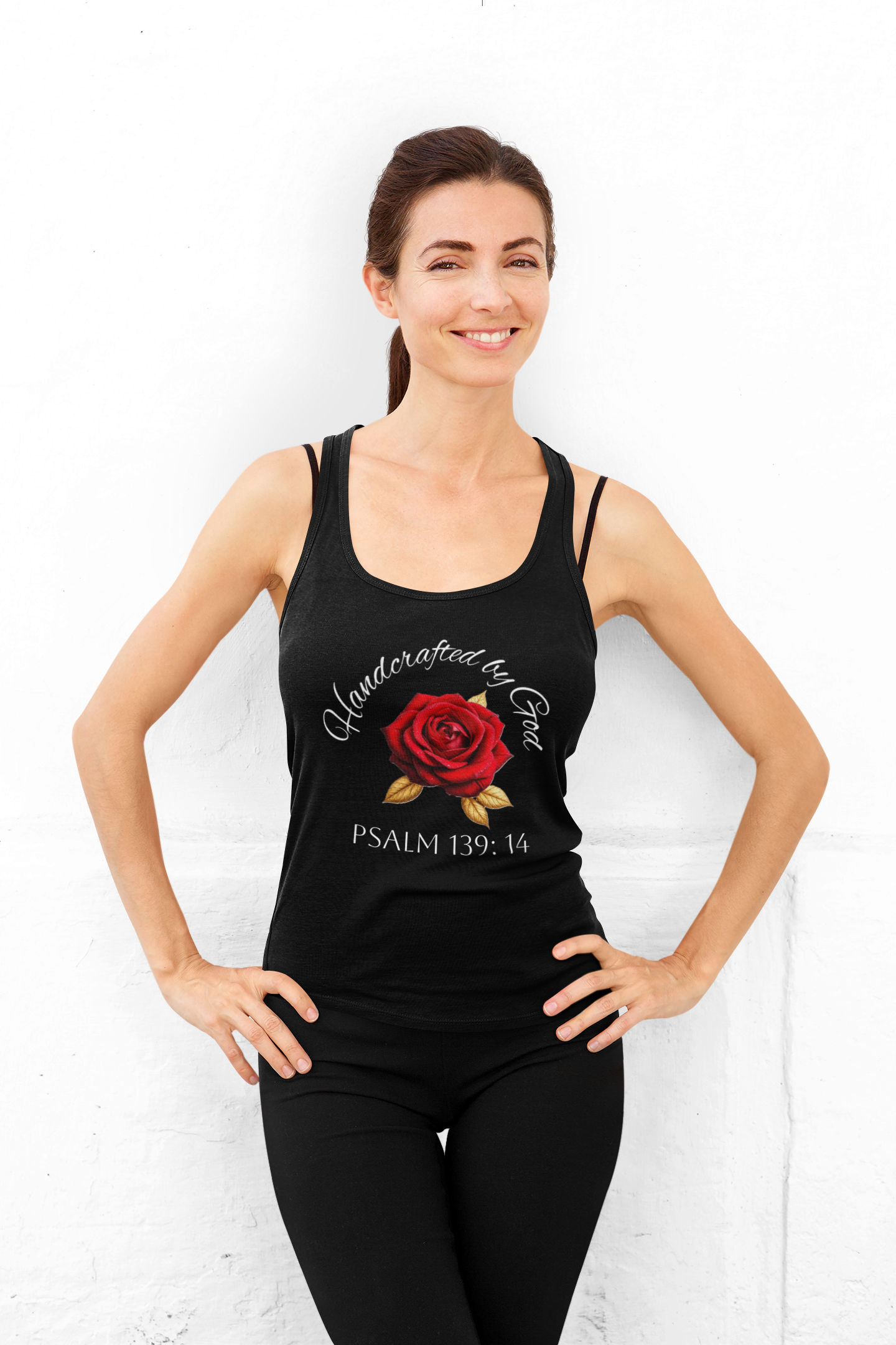 Handcrafted by God Rose Racerback Tank – White Lettering, Psalm 139:14