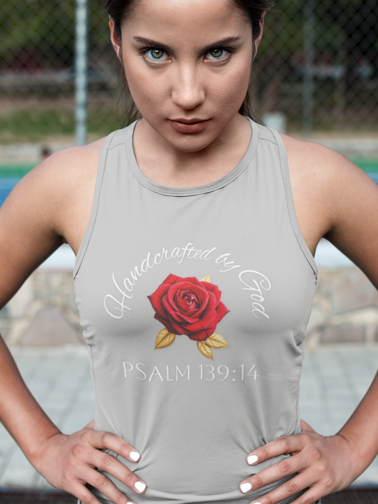 Handcrafted by God Rose Racerback Tank – White Lettering, Psalm 139:14
