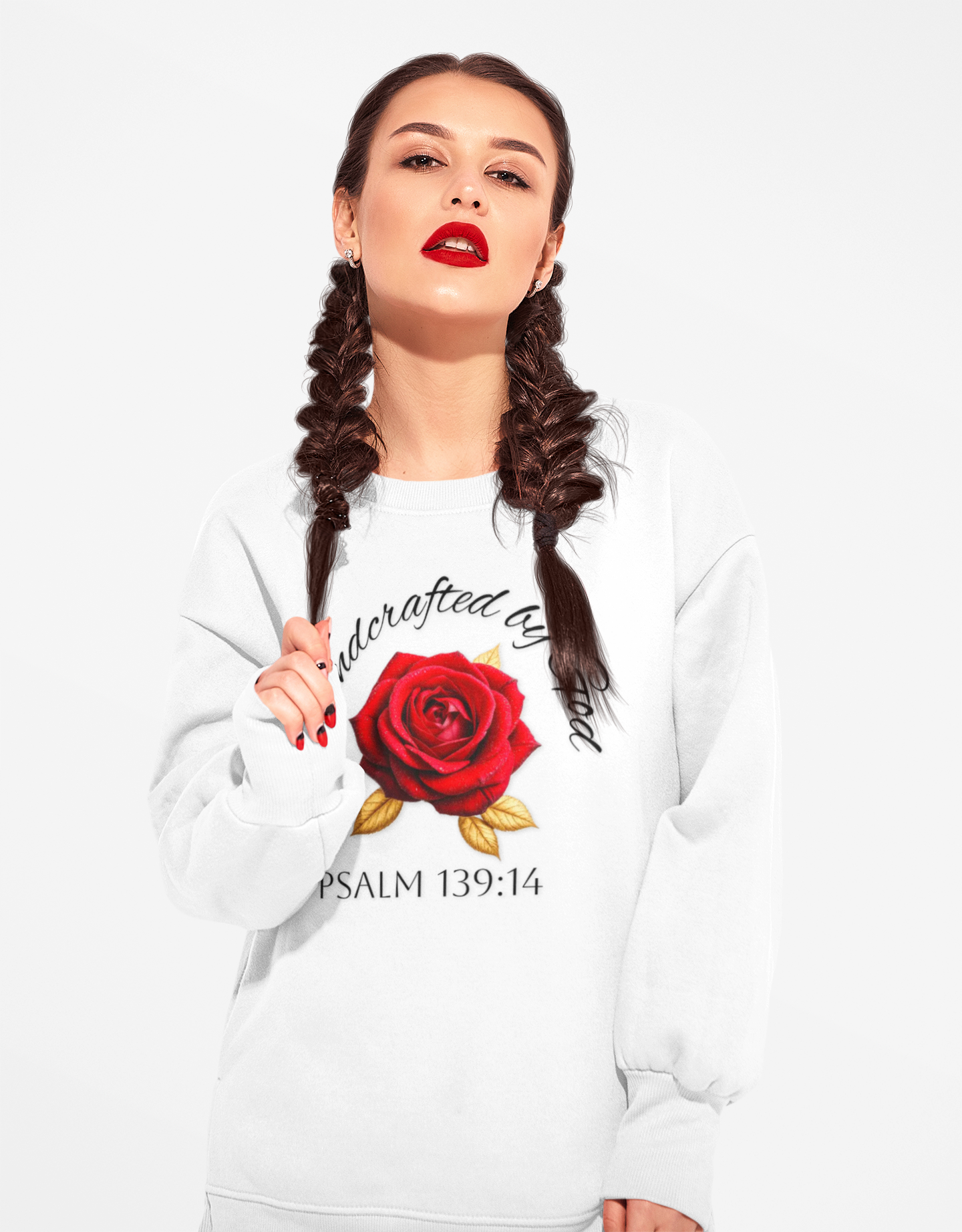Handcrafted by God Rose Sweatshirt – Dark Lettering, Psalm 139:14