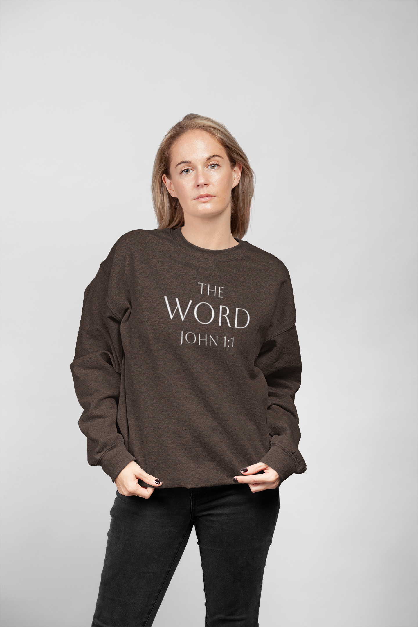 “The Word Eternal” – Women’s Christian Sweatshirt with White Lettering (John 1:1)