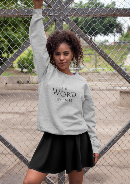 “The Word Eternal” – Women’s Christian Sweatshirt with Bold Dark Lettering (John 1:1)