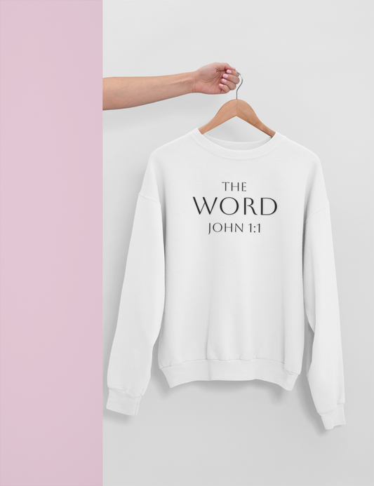 “The Word Eternal” – Men’s Christian Sweatshirt with Bold Dark Lettering (John 1:1)