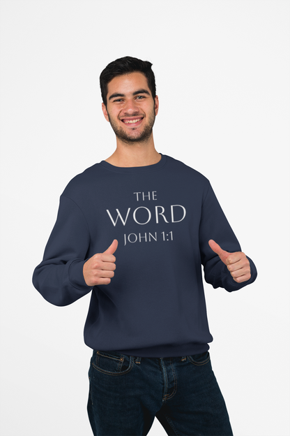 “The Word Eternal” – Men’s Christian Sweatshirt with White Lettering (John 1:1)