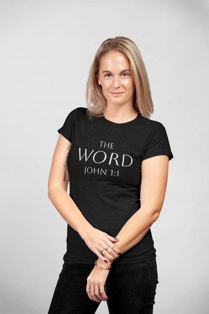 “The Word Eternal” – Women’s Christian Tee with White Lettering (John 1:1)