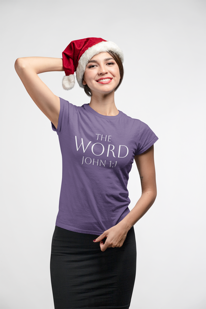 “The Word Eternal” – Women’s Favorite Christian Tee with White Lettering (John 1:1)